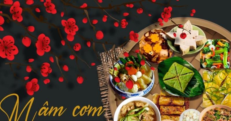 Mâm cỗ Tết truyền thống Việt Nam với thịt heo quay là món ăn chính, đặt giữa các món ăn khác.