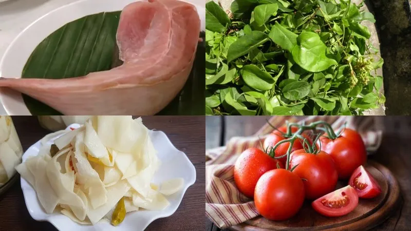 Nguyên liệu cá đuối nấu măng chua đã sơ chế: cá đuối, măng chua, hành, tỏi, ớt.
