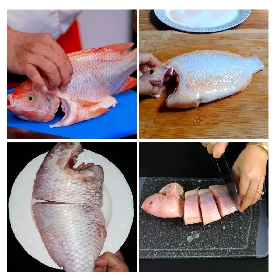 Cá diêu hồng tươi đã sơ chế, khứa thân và chuẩn bị hấp